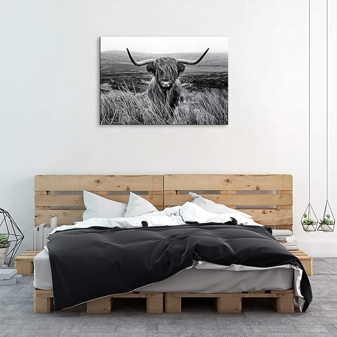 SKASNFAI Highland Cow Wall Decor Black and White Cow Pictures Animal Canvas Wall Art Cattle Paintings Prints Framed for Living Room Bedroom (16x24 inch)