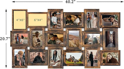 J.M.Deco Collage Picture Frames for Wall Decor, 18-Opening Reunion Family Friends Picture Frame Set, 4 x 6 Photo Frames for Living Room, Gallery Puzzle Collage Wall Hanging, Vintage Gold