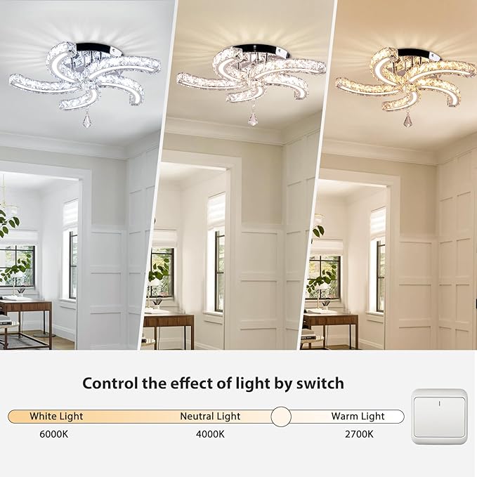 Crystal Chandelier 19.7” Crystal Ceiling Light Acrylic Modern Chandeliers 5 Arms Led Flush Mount Ceiling Light Fixture Lamp for Dining Room Living Room Bedroom Hallway (Multicolor)
