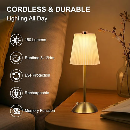 FRIDEKO HOME Rechargeable Table Lamp Gold - Cordless Battery Operated Lamp, Fabric Shade Desk Lamp, Wireless Lamp for Decor Bedroom Dining Table Counter (1pcs-Hard Fabric-LED-11.65in)
