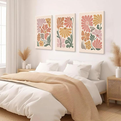 TBKHUDBI Boho Flower Canvas Wall Art Abstract Floral Pictures Prints Set of 3 Minimalist Botanical Painting Poster Flower Market Aesthetic Wall Decor for Living room Bedroom 12"x16" Framed