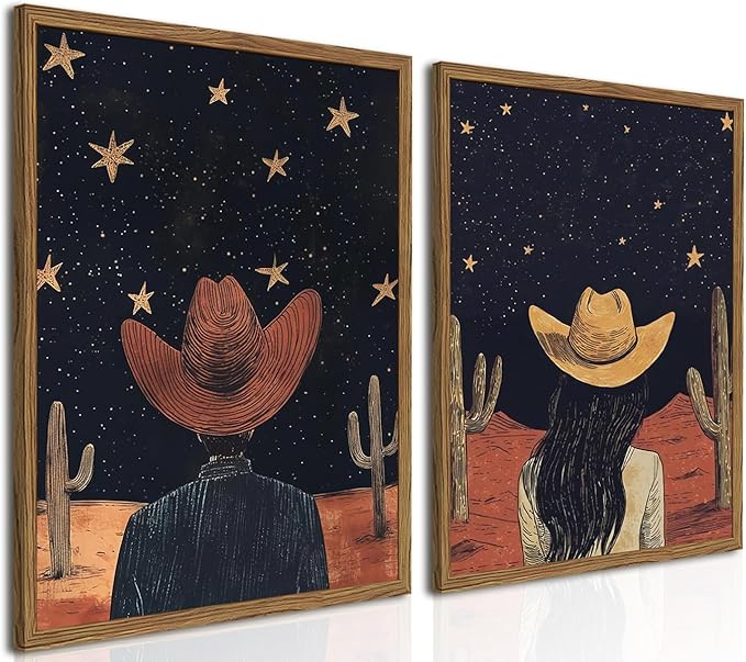 Framed Boho Western Cowboy and Cowgirl Wall Art Set of 2, Vintage Southwestern Desert Starry Sky Cactus Pictures Wall Decor, Rustic Farmhouse Paintings Canvas Prints for Living Room Bedroom 16x24 inch