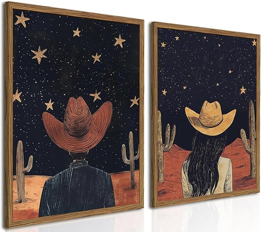 Framed Boho Western Cowboy and Cowgirl Wall Art Set of 2, Vintage Southwestern Desert Starry Sky Cactus Pictures Wall Decor, Rustic Farmhouse Paintings Canvas Prints for Living Room Bedroom 16x24 inch