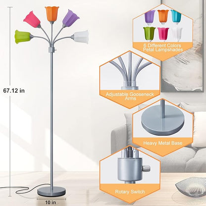 GyroVu Medusa LED Floor Lamp, Multi Head Modern Tall Lamp with Adjustable Gooseneck Standing Lamps Led Tall Lamp for Living Room Bedroom Kids Room Office 6 Color Lampshades Bulb Not Included Silver