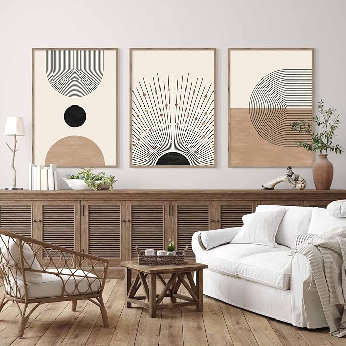 Mid Century Modern Wall Art Set of 3 Neutral Boho Art Prints Abstract Geometric Wall Art Picture Black Beige Minimalist Painting Canvas Artwork for Living Room Bedroom 24x36 Inch UNFRAMED