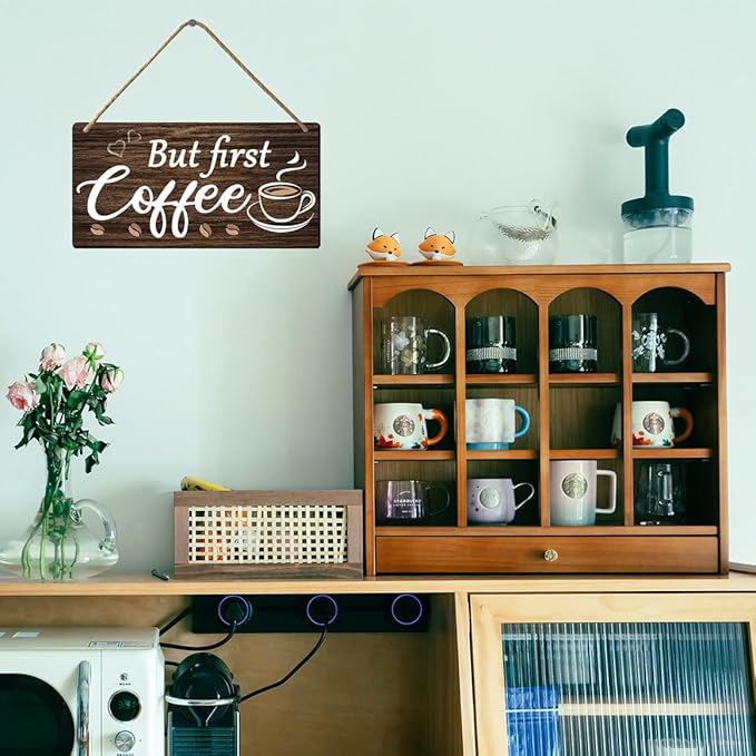 But First Coffee Sign - Wooden Coffee Bar Art, 6 x 12 Inch