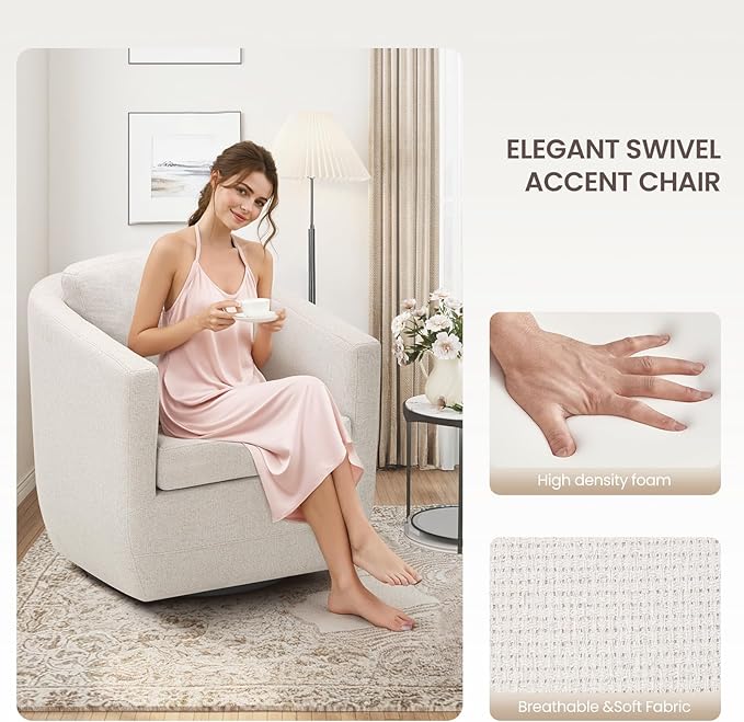 COLAMY 360° Swivel Accent Chair No-Sag Foam & Sturdy Metal Base, Fully Assembled Living Room Armchair with Pillow, Swivel Accent Single Sofa for Bedroom Living Room, Reading Room, Beige