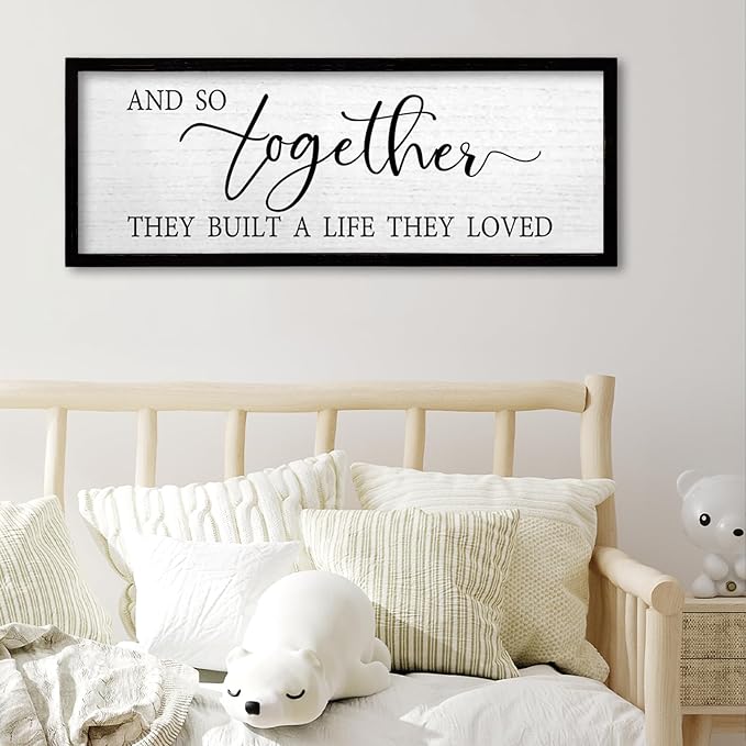 TQianJiang And So Together They Built A Life They Loved Above Bed Wall Decor 24"X10" for Master Bedroom Over Bed Sign Large Wood Framed Wall Hanging Art (Black)
