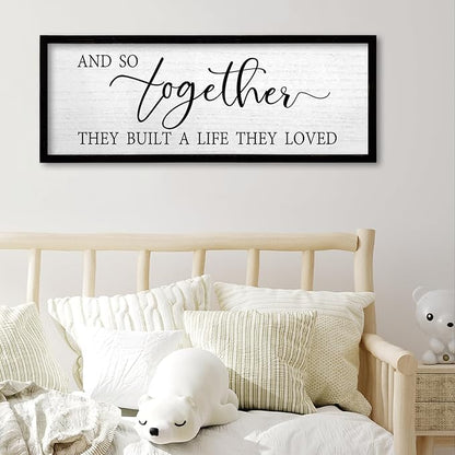 TQianJiang And So Together They Built A Life They Loved Above Bed Wall Decor 24"X10" for Master Bedroom Over Bed Sign Large Wood Framed Wall Hanging Art (Black)
