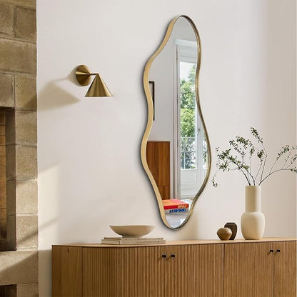 Irregular Mirror, 40"x18" Asymmetrical Wall Mirror with Gold Metal Frame, Odd Shaped Mirror, Modern Abstract Mirrors for Living Room Bedroom Hallway Entryway, Horizontal or Vertical Hanging