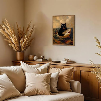 Funny Black Cat Wall Art Whimsical Cat Riding a Shark Wall Decor Picture Unique Animal Ocean Poster Canvas Painting Prints for Bedroom Living Room 16x24 inch Framed