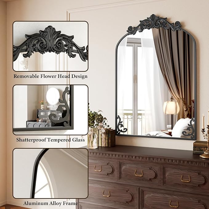 Koonmi Vintage Mirror, 26x38 Retro Wall Mounted Vanity Mirror, Tempered Glass, Detachable Flower Head, Black Antique Decorative Arched Mirrors for Bathroom Entryway Fireplace Hallway