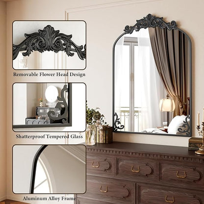 Koonmi Vintage Mirror, 26x38 Retro Wall Mounted Vanity Mirror, Tempered Glass, Detachable Flower Head, Black Antique Decorative Arched Mirrors for Bathroom Entryway Fireplace Hallway