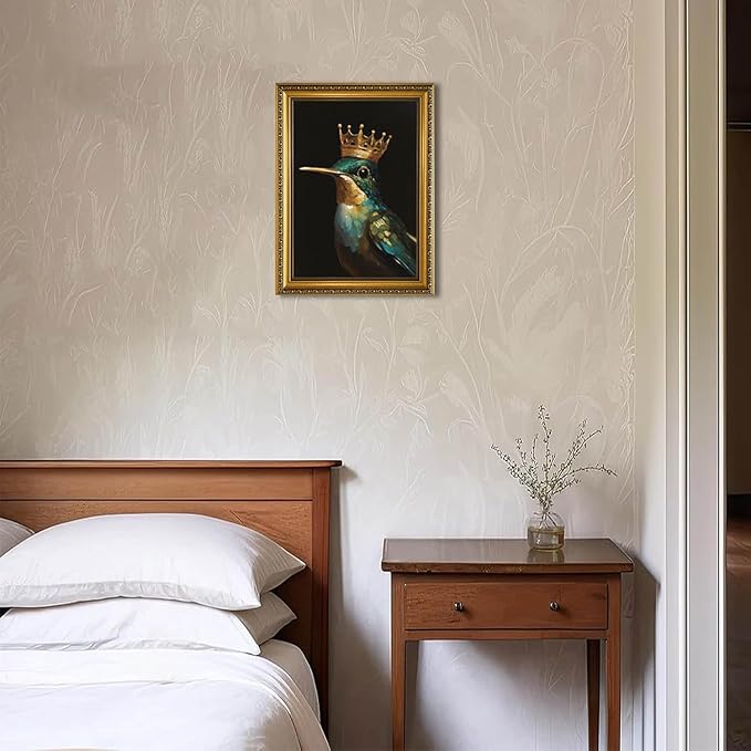 YD&YZY Gold Framed Vintage Wall Art Canvas Hummingbird Birds King Wall Decor Retro Golden Wall Prints Cute Animal Painting Picture Print Artwork for Bedroom Living Room Bathroom 12x16 inch Framed