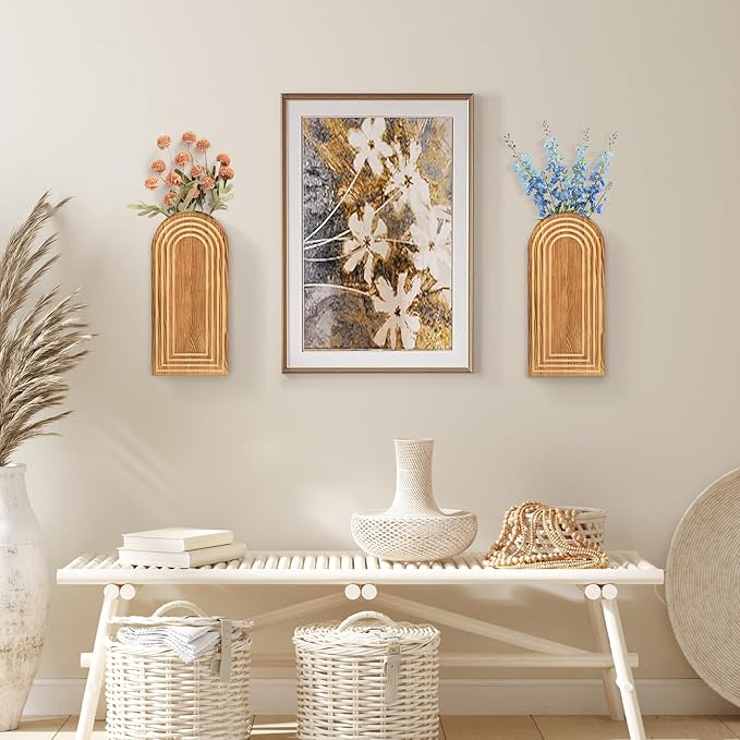 2 Pack Wall Decor Wood Wall Planters for Indoor Plants, Modern Wall Planter for Bathroom, Living Room, Kitchen Decor, Farmhouse Wood Vase for Dried Flowers and Faux Greenery (Rustic Brown)