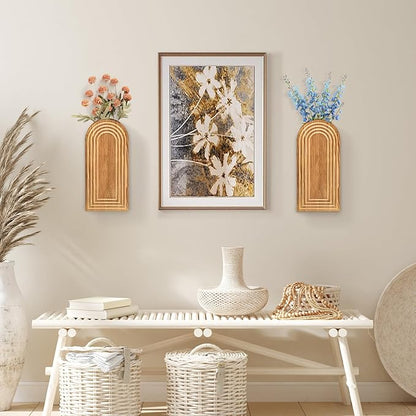 2 Pack Wall Decor Wood Wall Planters for Indoor Plants, Modern Wall Planter for Bathroom, Living Room, Kitchen Decor, Farmhouse Wood Vase for Dried Flowers and Faux Greenery (Rustic Brown)