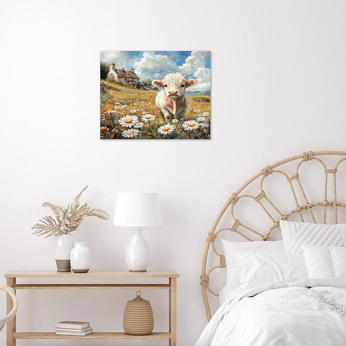 LB Rustic Farmhouse Cow Wall Art Vintage Wildflower Daisy with Green Tree Canvas Wall Art Blue Sky White Cloud Wall Decor for Living Room Bedroom Bathroom Office Framed Ready to Hang 8L x 10W