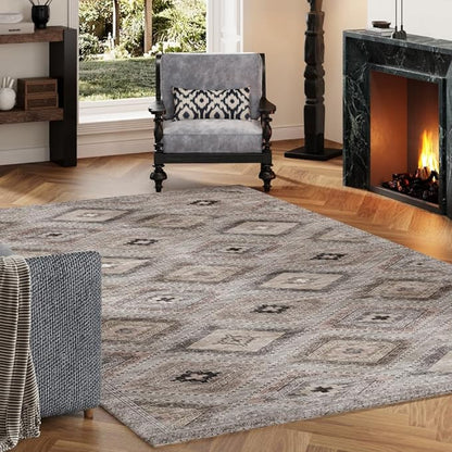 4x6 Area Rugs Light Brown Washable Rug for Living Room, Dining Room, Bedroom, Large Carpets, Non Slip & Non-Shedding Low Pile Vintage Print Rug for Home Office Decor