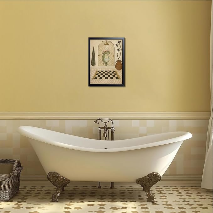 Funny Frog Bathroom Wall Art, Cute Frog Picture Wall Decor, Bathroom Animal Canvas Print Painting for Home Dorm Apartment Toilet Decor 16x24 Inch Framed