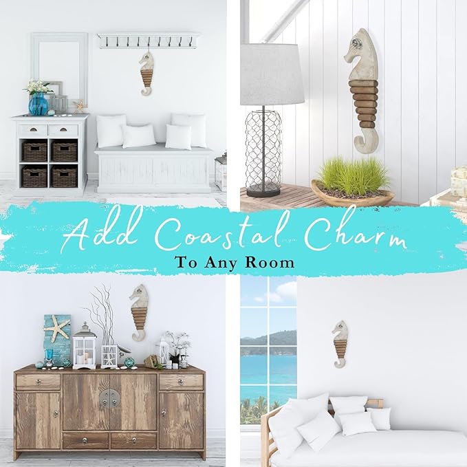 Handmade Driftwood Seahorse Nautical Wall Decor - 16.25" x 6" Wooden Rustic Coastal Wall Art for Living Room, Bedroom, Office, Bathroom - Ocean Beach Decoration (Squiggle)
