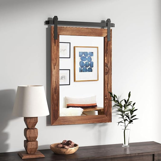 COGOOD Farmhouse Barn Door Wall Mirror - 25" X 38" Rustic Wood Framed Mirror for Bathroom, Living Room, Entryway Wall Decorative (Brown)
