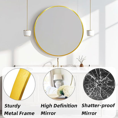 Gold Round Mirror, Circle Mirror 24 inch, Gold Round Bathroom Mirrors, Circle Wall Mirrors for Bathroom, Living Room, Hallway, Vanity, Over Sink, Mantel