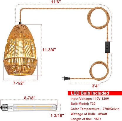 Plug in Pendant Light Rattan Hanging Lights with Plug in Cord 15FT Hemp Rope Cord, On/Off Switch Chandelier for Boho Living Room Bedroom Kitchen（Bulb Included） 11 x 7 inch