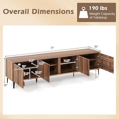 Giantex 4-Door Slatted TV Stand for 80 Inches TVs, Mid Century Modern Entertainment Center with 4 Storage Cabinets, Wooden TV Console Table with 6 Metal Legs for Living Room, Bedroom, Walnut