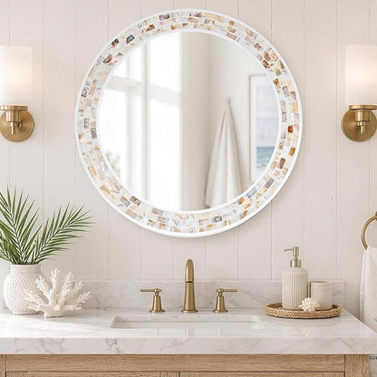Tanmicoshomy Round Wall Mirror 30 Inch, Natural Brown Shell Framed Circle Mirrors with Tempered Glass for Coastal Bathroom Bedroom Living Room or Entrayway(Brown)
