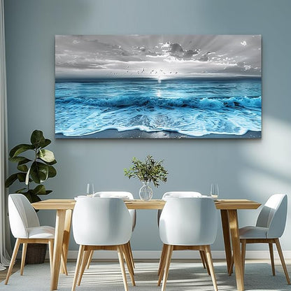 ERQINHUA Large Canvas Printed Artworks Mural Wall Decor For Living Room Wall Art For Bedroom Office Restaurant Decoration Blue Sea Wave Ocean Paintings Beach Wall Pictures Modern Home Decor 30"X60"