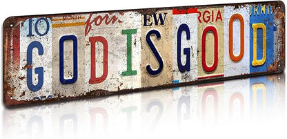 God is Good Vintage Metal Tin Sign - Rustic Inspirational Wall Art for Home, Prayer Room, Farmhouse, Office Décor - 4x16 Inch
