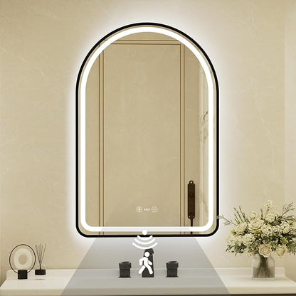24x36 Inch Arched Black Framed LED Bathroom Mirror with Lights,Smart Bathroom Mirror,Motion Sensor,Tempered Glass,Anti-Fog,Stepless Dimmable & 3 Colors,Memory,Vanity Mirror for Wall