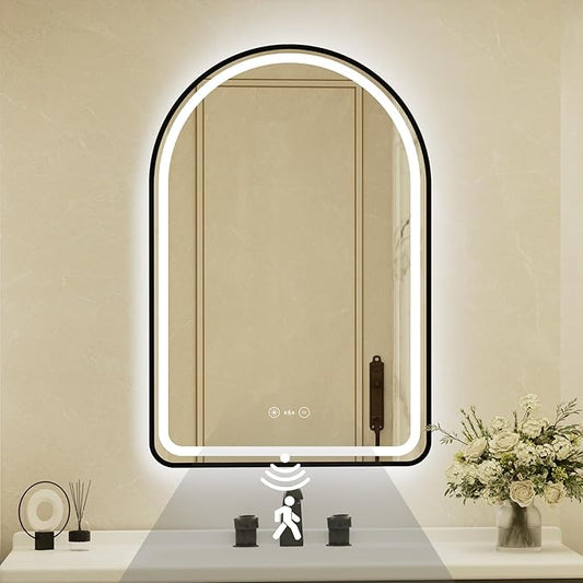 24x36 Inch Arched Black Framed LED Bathroom Mirror with Lights,Smart Bathroom Mirror,Motion Sensor,Tempered Glass,Anti-Fog,Stepless Dimmable & 3 Colors,Memory,Vanity Mirror for Wall