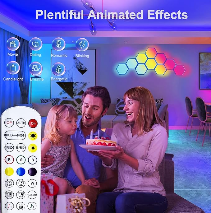 Hexagon LED Lights, Smart RGB-IC Gaming LED Wall Lights App & Remote Control Music Sync, Hexagon Light Panels DIY Geometry Ambience Lighting for Gaming Room Bedroom Streaming, 10 Panels