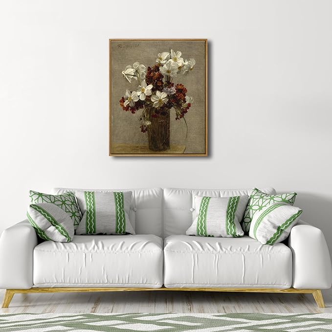 Pyradecor Vintage Wall Art Retro Large Framed Living Room Decor Narcisses Flowers in Vase Canvas Prints Classical Floral Painting for Kitchen Farmhouse Office Decorations AH1111-5060NW
