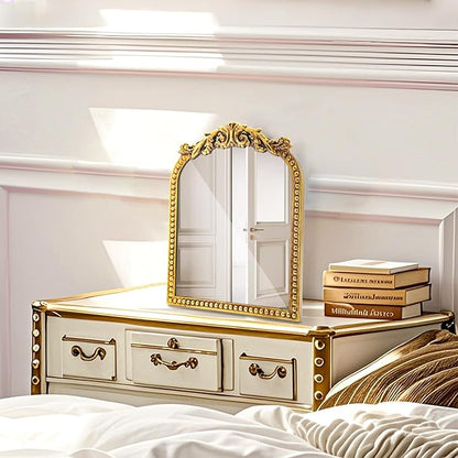 Vintage Makeup Mirror with Stand : 12.1"x9.8" Arched Antique Gold Vanity Mirror for Dresser - Baroque Standing Tabletop Ornate Decor for Desk/Living Room/Bedroom