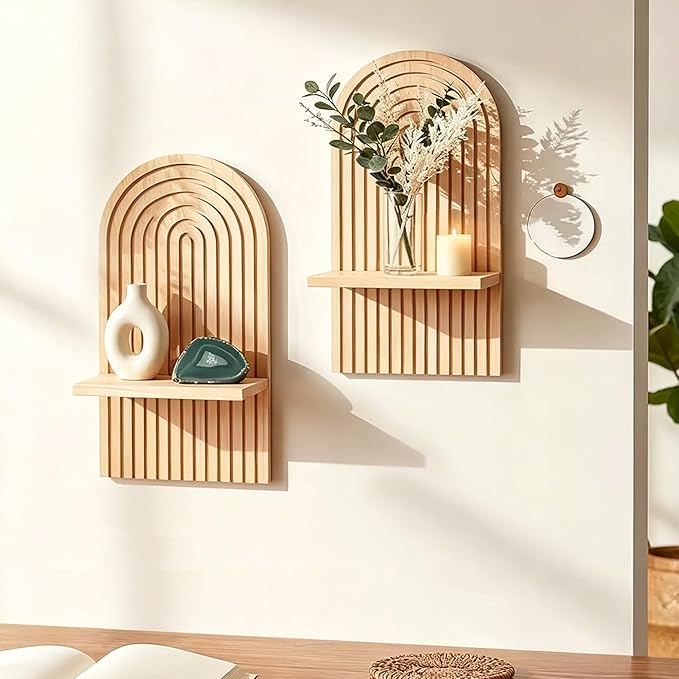 LIYAOLI Boho Wall Shelf Set of 2-15 x 8.6 Inch Arched Wooden Hanging Shelves for Living Room & Bedroom - Mid-Century Modern Bohemian Wall Decor (Natural Wood Finish)