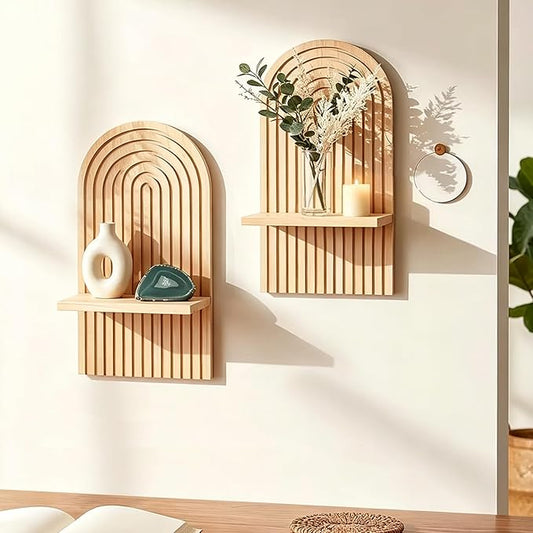 LIYAOLI Boho Wall Shelf Set of 2-15 x 8.6 Inch Arched Wooden Hanging Shelves for Living Room & Bedroom - Mid-Century Modern Bohemian Wall Decor (Natural Wood Finish)
