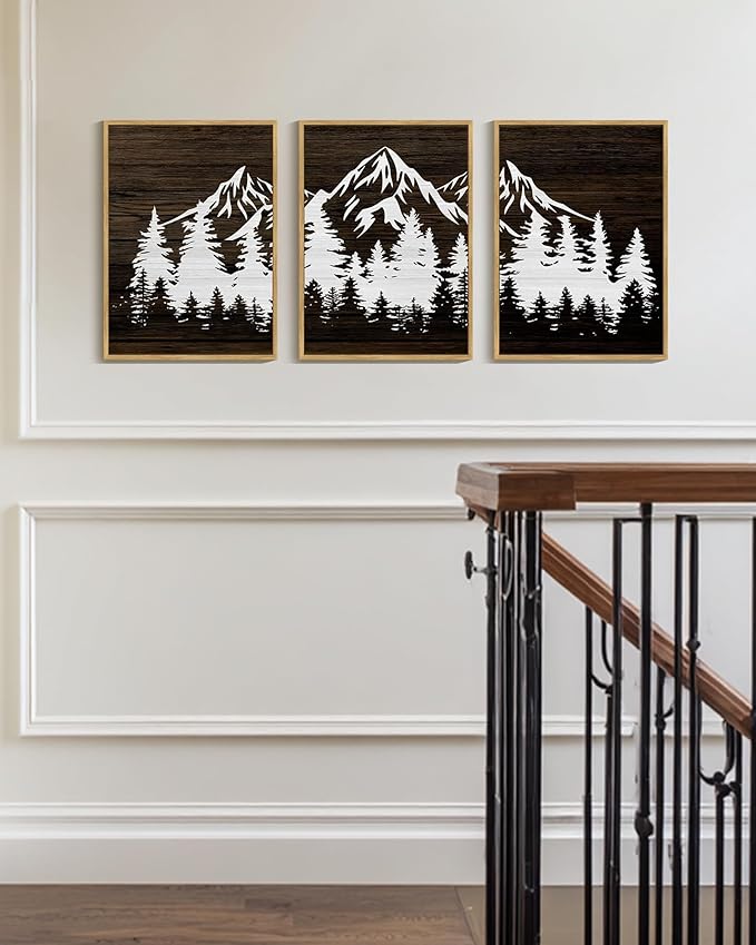 PHOPAGO Mountains Tree Framed Wall Art Boho Forest Nature Landscape Artwork Paints Morden Country Woodcut Wood Wall Decor Rustic Home Decor - 11x14in Natural Framed