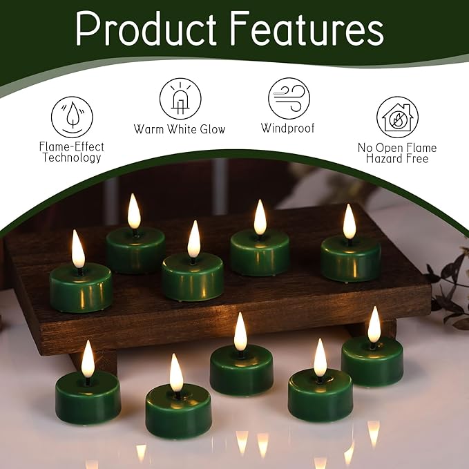 Eywamage Green Flameless Wax Tealights with Remote Batteries, Flickering LED Tea Votive Candles Set of 10