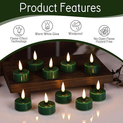 Eywamage Green Flameless Wax Tealights with Remote Batteries, Flickering LED Tea Votive Candles Set of 10