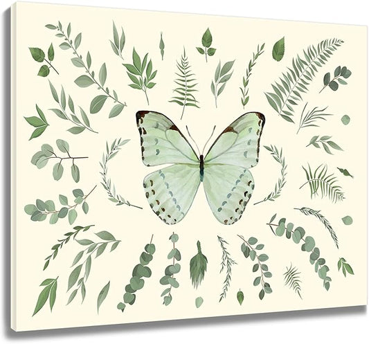 LB Sage Green Butterfly Wall Art Watercolor Leaf Eucalyptus Leaves with Butterfly Canvas Wall Art Green Plant Wall Decor for Living Room Bedroom Bathroom Framed Ready to Hang 16L x 20W Inch