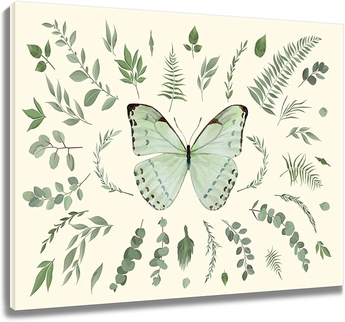 LB Sage Green Butterfly Wall Art Watercolor Eucalyptus Leaves Botanical Canvas Wall Art Green Plant Leaf Wall Decor for Living Room Bedroom Bathroom Framed Ready to Hang 12L x 16W Inch