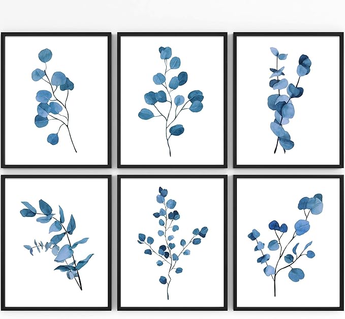 DREAM BIG PRINTABLES Eucalyptus Dark Blue Art Prints (Set of 6) - Unframed - 11x14s | Trendy Botanical Decor for Living Room, Family Room, Bathroom, Office, Nursery - Gift for Gardener, Plant Lover