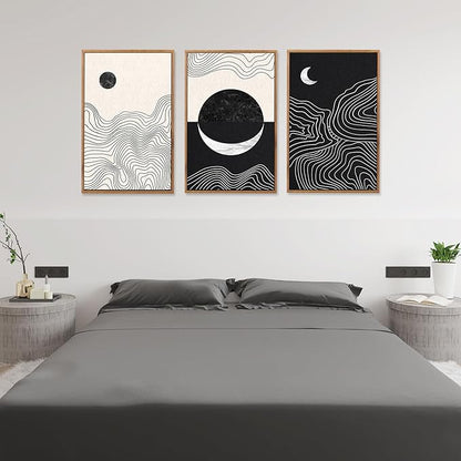 CHDITB Abstract Moon Phases Framed Canvas Art Prints Set(16"x24"), 3 Panels Modern Neutral Black and White Artwork Painting, Large Boho Minimalist Fine Line Wall Art Home Decor for Bedroom Living Room