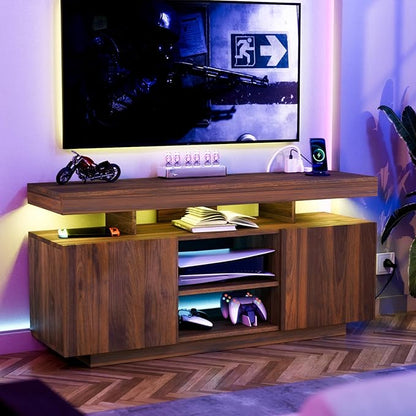 HOMMPA LED TV Stand for 55/50/43/40/32 Inch Modern Entertainment Center with Power Outlets, Gaming Consoles Storage, Media Table with LED Lights, Game Cabinet for Living Room Walnut