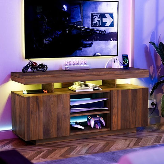 HOMMPA LED TV Stand for 55/50/43/40/32 Inch Modern Entertainment Center with Power Outlets, Gaming Consoles Storage, Media Table with LED Lights, Game Cabinet for Living Room Walnut