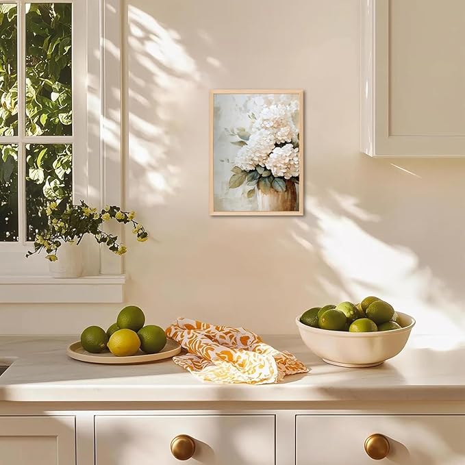 Framed Hydrangea Wall Art, White Floral Botanical Wall Decor Pictures, Vintage Flower Canvas Prints Paintings Farmhouse Aesthetic Home Decor for Living Room Bedroom Bathroom Kitchen 8x10 inch