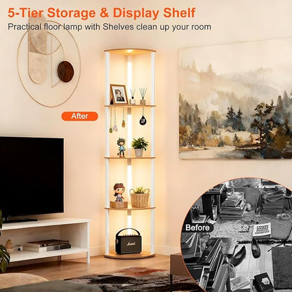 Lightdot Corner Floor Lamps with Shelves, 64Inch 5-Tier Storage Shelf Lamp with Integrated LED Posts/Walnut Shelf/White Frame, White Display Floor Lamp for Living Room/Bedroom/Sofa Beside/Corner Decor