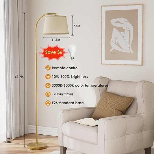 Karjoefar Arc Floor Lamp,64" Standing Lamp with Stepless Dimmable & 3 Colors Temperature,Adjustable Linen Shade and Remote, Glod Arc Floor Lamps for Living Room(with 9W Bulb)